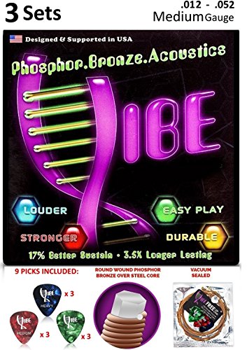 Vibe Strings Acoustic Guitar Strings, Phosphor Bronze, Medium (.012-.052), 3 Sets