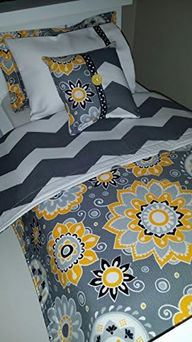 18" Doll Bedding, Yellow and Gray Flowers Doll Bedding Made to Fit American Girl Dolls