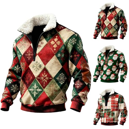 Mens Christmas Sweatshirt 1/4 Zip Pullover Tops Santa Claus Christmas Tree Sweatshirt Reindeer 3D Printed Blouse Casual V Neck Jumper Funny Festive Holiday Sweatshirts Novelty Xmas Jumpers