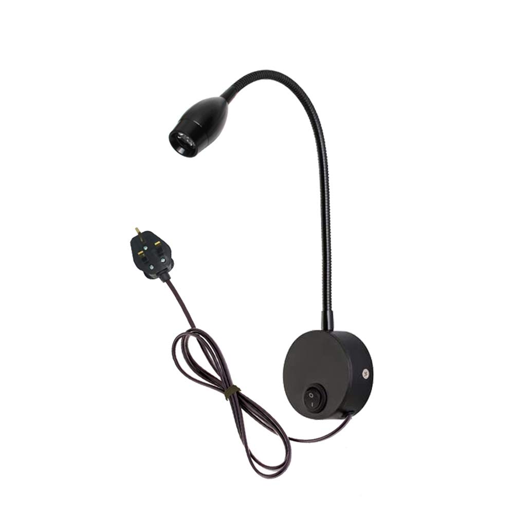 Youngine 3W Reading Lamp, Flexible Bedside LED Reading Light with Switch and Plug Wired, Bedroom Living Room Gooseneck Wall Lamp Light for Bedroom Office Hotel, 6000K (Black Cool White)