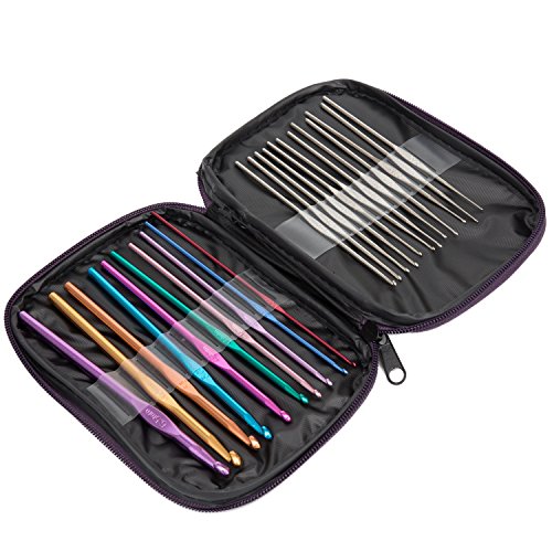 Cutebox 22pcs Mixed Aluminum Handle Crochet Hooks, Ergonomic Knitting Knit Needles, Weave Yarn Set, 0.6~6.5mm