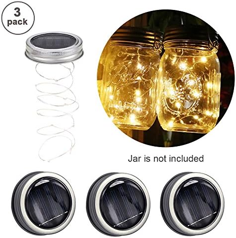 iDamtok 3 Pack Mason Jar Lights, Screw On Solar Powered Fairy Silver Lids, Warm White Jar Hanging Starry Lights, Decorative String Lights for Home, Garden, Party, Patio, Festival (Jar is Not Included)