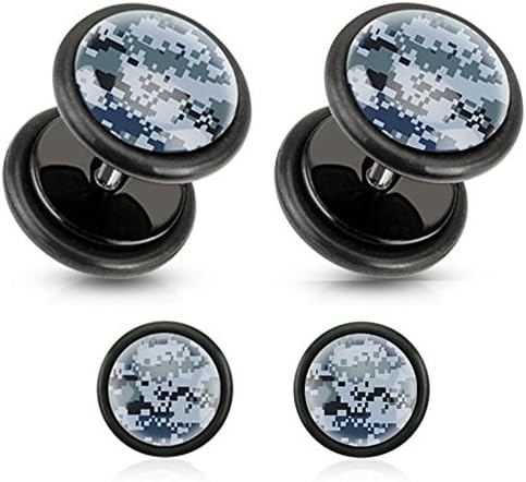 Pixelated Camouflage Print Inlayed Black UV Acrylic Fake Plug 16g