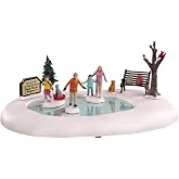 Lemax Christmas Village Family Skating Day Ice Rink Accessory, Resin | Family &amp; Two Dogs Enjoy a Frosty Skate at Forest Hill Rink | Battery-Operated | Christmas Village Display