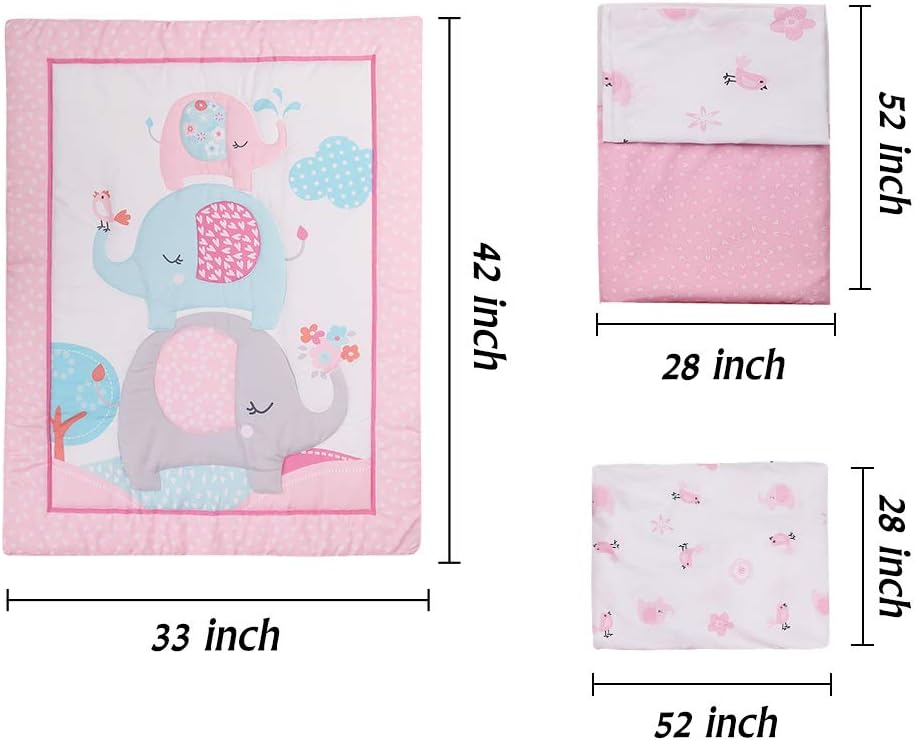 Pink Elephant Baby Crib Bedding Set 3 Pieces Baby Nursery Bedding Sets for Girls with Baby Comforter,Crib Fitted Sheet, Crib Skirt: Kitchen & Dining