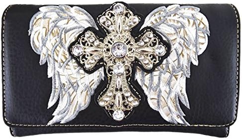Western Cowgirl Concealed Carry Angel Wings Cross Country Purse Handbag Messenger Shoulder Bag Wallet Set (Black/Grey Wallet)