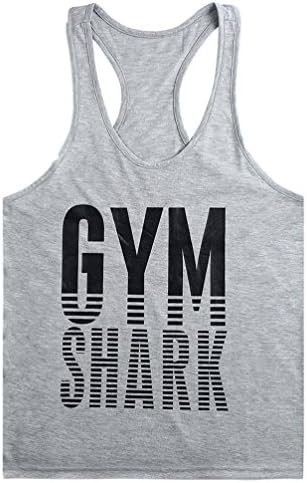 MITIAO Men's GYM Shark Loose Workout BodyBuilding Stringer Tank Top Gray L