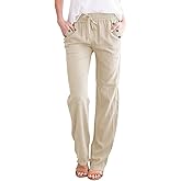 UPYOTTP Summer Pants for Women Casual Drawstring Elastic High Waist Linen Pant Straight Wide Leg Trousers with Pockets