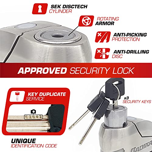 RADIKAL RK14S Premium Motorcycle Alarm Disk Lock 120dB ON/Off, Warning LED Alert, SRA Approved, High Security Anti Theft Brake Disc Lock for Motorbike, 14mm Double Locking Stainless Steel