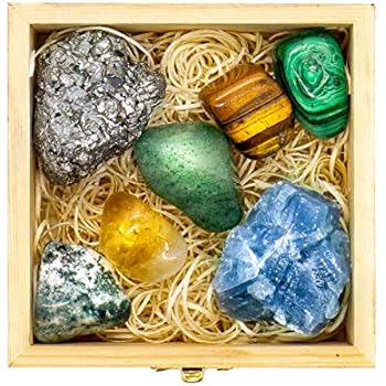 Premium Grade Crystals and Healing Stones for Abundance and Prosperity in Wooden Box - Malachite, Pyrite, Citrine, Aventurine, Blue Calcite, Tree Agate, Tiger's Eye Gemstones + Info Guide, Gift Kit