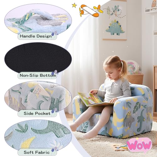 Tiita Kids Sofa, Childrens Couch with Carry Handle, Portable Toddler Foam Sofa Couch,Nursery Kids Couch, Lightweight Kids Chair for Playroom, Dorm Room, Small Space,Faux Fur Dinosaur