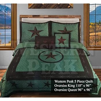 Western Peak 5 Pc Western Texas Cross Lodge Barbed Wire Quilt Bedspread Shams Pillow Oversize Comforter (Turquoise Texas Star, King)