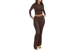 ANRABESS Women 2 Piece Outfits Fall Lounge Sets Long Sleeve Cropped Top Fold Over Flare Pants Comfy Pajamas Set Y2K Clothes