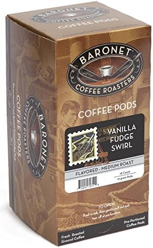 Baronet CoffeePods [Vanilla Fudge Swirl-54 Pods] Flavored Single Cup Use, Like Senseo Coffee Pods [3 Boxes of 18 Single Serve 10 Gram Pads] Regular Strength Soft Coffee Pods, Medium Roast [Van Fudge]
