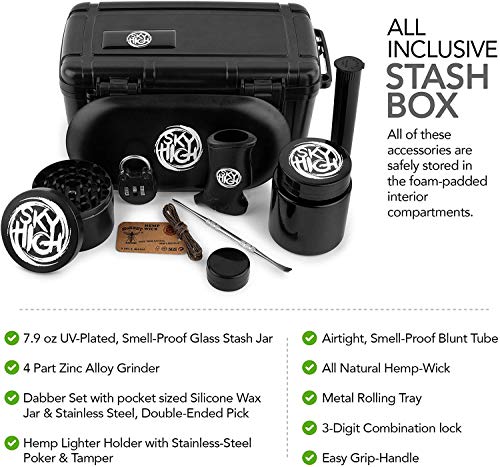 Sky High Stash Box with Secure Lock, Smell Proof Grinder, Dabber Set, Blunt Tube, Jar, Tray and Lighter Hemp Holder and Hemp Wick - Stash Container Herbs Storage Accessories