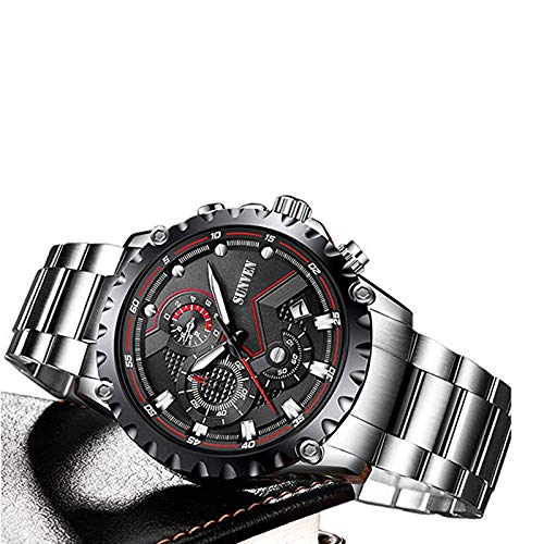 Relojes SUNVEN para Hombre Cuarzo Resistente al Agua - Reloj de Pulsera empresarial de Zafiro de Acero Inoxidable Pantallas multifunción Manos Luminosas (Negro)
