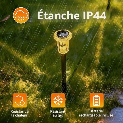 Lampes solaires de jardin LED, lot de 6 lampes solaires blanc chaud, étanches IP44, pour pelouse, jardin et terrasse. Idéales pour l'extérieur.