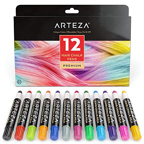 Arteza Temporary Hair Chalk Pens 12 Colors, Washable Hair Colors for