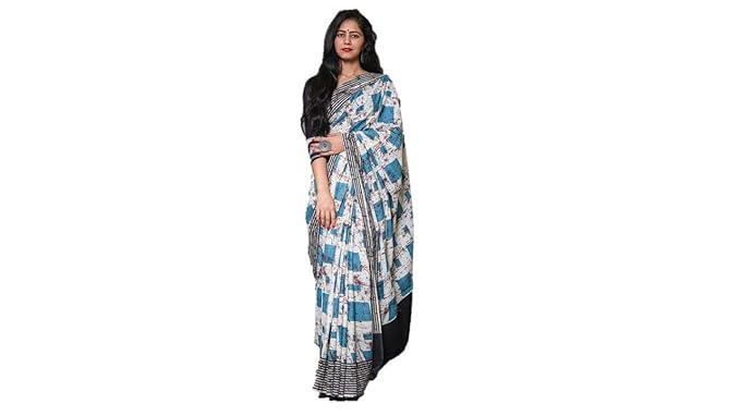 Check Style Blue Cotton Hand Block Printed Saree