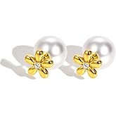 Dainty Daisy Flower Pearl Earrings for Women 18K Gold-Tone Plated Stainless Steel Floral Stud Earrings Hypoallergenic Crystal Front Back Ear Jackets Wedding Bridal Valentine Jewelry