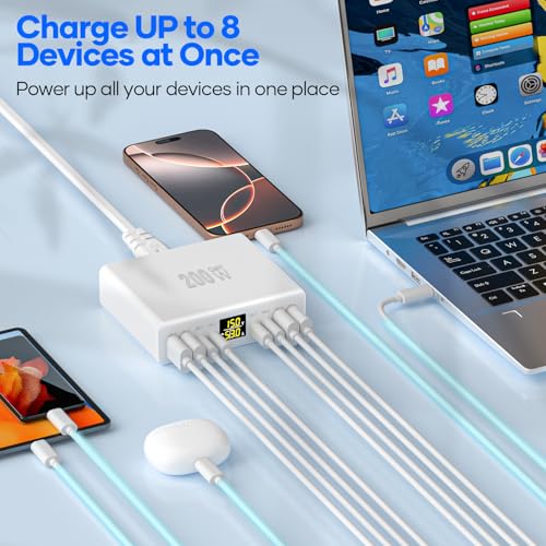 USB C Charger Multiple 8-Port with LED Display, YSYFAD 200W GAN USB Charging Station PPS PD Type C Power Supply QC3.0 Fast Charging Power Charger USBC 45W Charger for iPhone iPad MacBook Laptops White