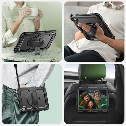 SEYMAC Case for iPad (A16) 11th/10th Generation 2025/2022 11/10.9 Inch, iPad 10th Generation Case, Shockproof Case with Screen Protector, 360 Rotating Stand, Pencil Holder, Shoulder Strap, Black