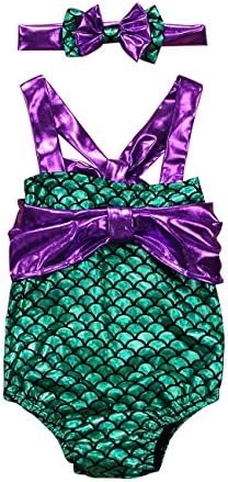 Gogoboi 2pcs Mermaid Swimsuit Bodysuit+Headband Outfit Set Jumpsuit Romper for Baby Girl