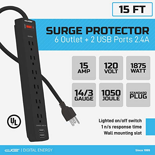 Digital Energy 6Outlet + 2 USB 1050 Joule Surge Protector Power Strip