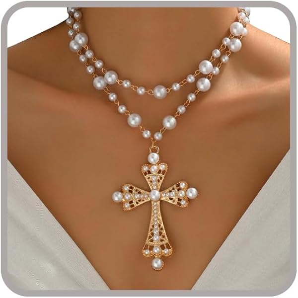 MILAKOO Collana A Strati Y2K Con Croce E Perle Faux – Choker Gotico Retrò, Impilabile, Per Donna, Colore Argento