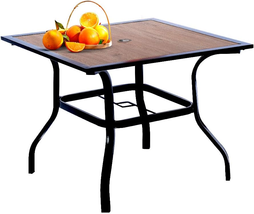 EMERIT Outdoor Patio Dining Table Square Metal Table with Umbrella Hole and Wood-Like Tabletop: Kitchen & Dining
