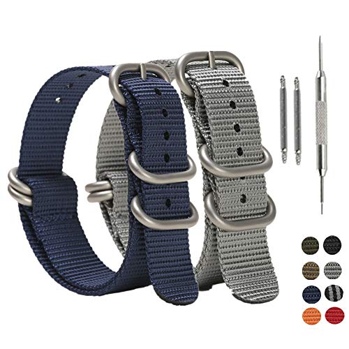 SIMCOLOR Zulu Replacement Watch Bands,2 Pack Nylon Strap with Heavy Duty Brushed Buckle 18mm 20mm 22mm or 24mm(24mm,Blue/Grey)