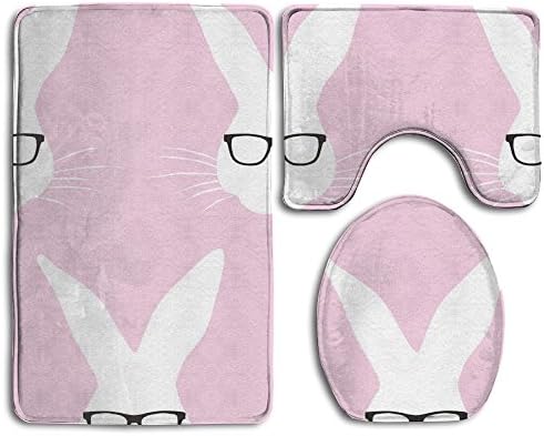 Personalization Pink Geeky Bunny Soft Toilet Carpet Three Pieces,Non Slip Bathroom Rugs,Toilet Lid Cover,U-Shaped Toilet Mat