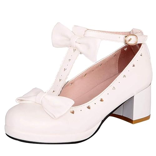 Coolulu Damen T-Strap Pumps Blockabsatz mit Riemchen und Schleife Rockabilly Lolita Cosplay Schuhe