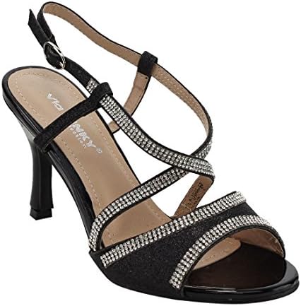 VIA PINKY EG79 Women's Rhinestone Criss Cross Kitten Heel Sandals One Size Small, Color:BLACK, Size:7.5