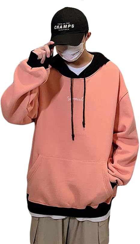 Amazon Ptorパーカー メンズ 裏起毛 ゆったり トレーナー フード付き 切り替え おしゃれ プルオーバーパーカー 厚手 スウェット トップス ストリート系 ピンク アウター 秋 冬 トレーナー パーカー 通販