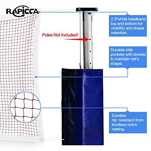 RAPICCA Badminton Net for Indoor or Outdoor Sports Backyard Schoolyard Pool Beach Replacement Net for Tournament or Championships (20 FT x 2.5 FT) Poles Not Included - Thumbnail 3