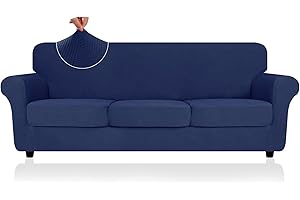 ZNSAYOTX 2026 Striped XL-Sofa Cover 4 Piece (91"-110"), Thick Stretch Couch Covers for 3 XL Cushion Sofa with Non-Slip Elastic Band & Bottom Ties Stay in Place, Soft Durable Oversied Slipcovers, Navy Blue