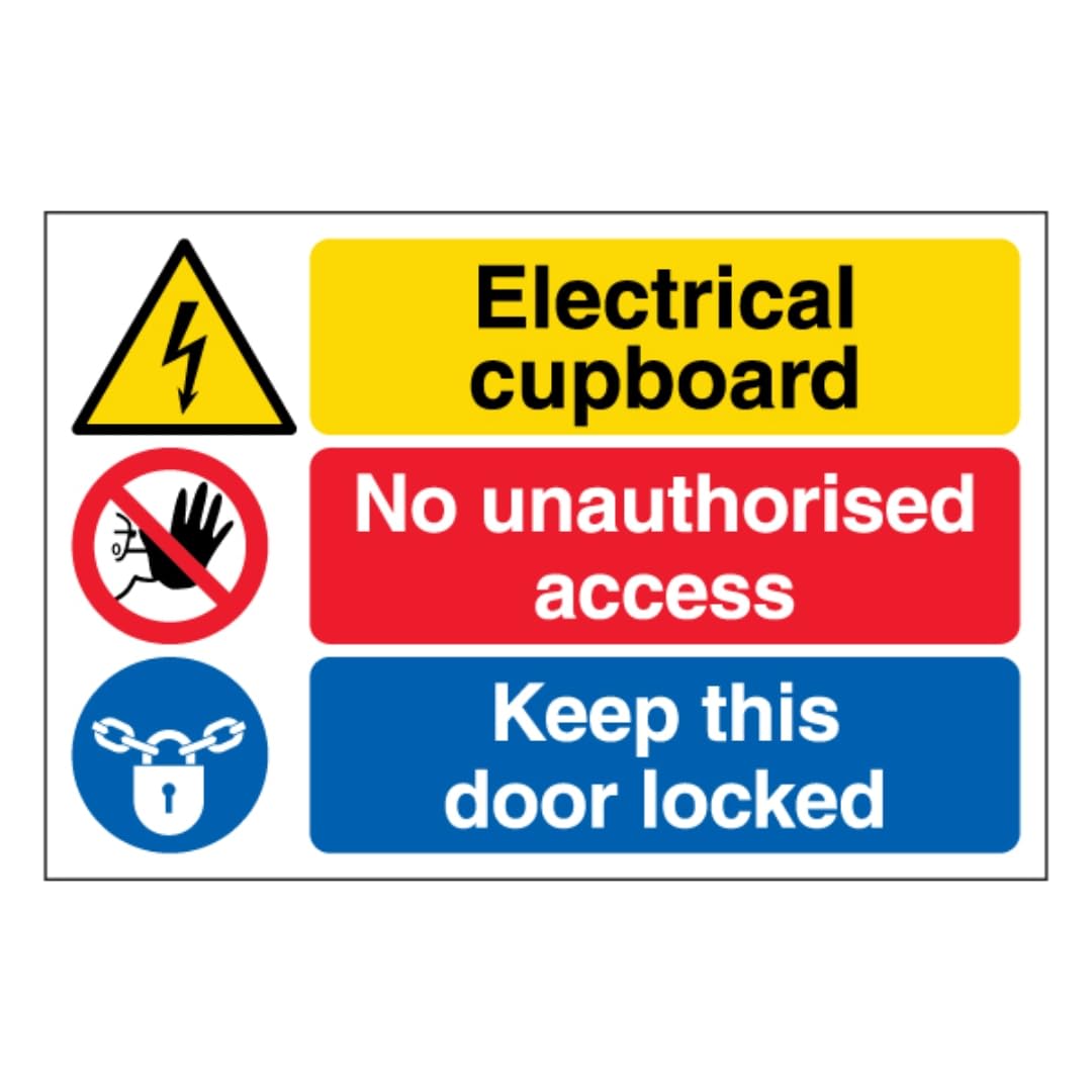 V Safety Electrical cupboard/No unauthorised access/Keep this door locked - Large Landscape 400 x 300 mm - 2mm Super-Tough Rigid Plastic Safety Sign