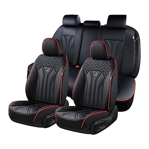 FLORICH Car Seat Covers Faux Leather Front and Rear Seat Covers 5 Pieces Full Set Universal Fit Most Cars, Sedans, SUVs and Trucks, Black & Red Line