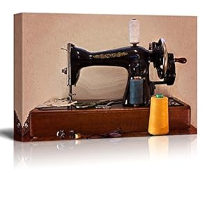 Canvas Prints Wall Art - Old Sewing Machine with Scissors and Glasses Retro/Vintage Style | Modern Wall Decor/Home Decoration Stretched Gallery Canvas Wrap Giclee Print & Ready to Hang - 12" x 18"