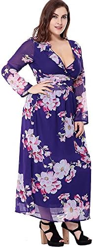 ONECHANCE Women Long Sleeves V Neck Chiffon Floral Maxi Long Dress Plus Size
