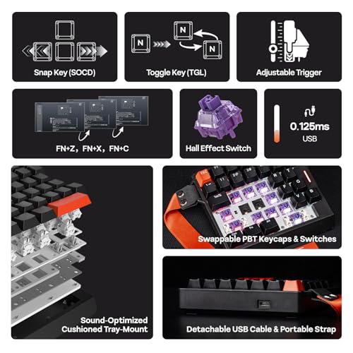 EPOMAKER HE30 One-Handed Hall Effect Keyboard, 8K Polling & 0.125ms, SOCD & Snap Key, Adjustable Trigger, PBT Keycap, RGB, Custom Software, Wired Gaming Keyboard for PC/Gamer (Black Orange)