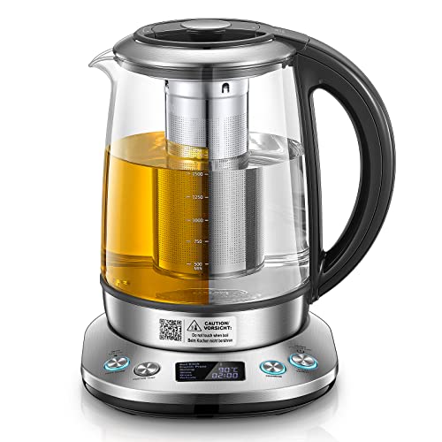 FOHERE Electric Glass Kettle, Adjustable Temperature Electric Teapot, 2200 W, 120 Mins Warm Function, Removable Tea Infuser 1.7 L