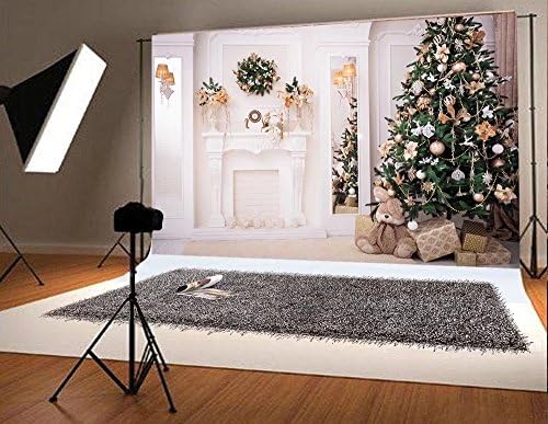 7x5ft Green Christmas Tree Photo Backgrounds Wrinkle Free White Fireplace Cute Rabbit Gift Photography Backdrops for Child