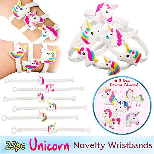 Magical Unicorn Party Novelty Toy Wristband for Children, 25 Mixed Design Assortment, w/5 FREE Unicorn Charms
