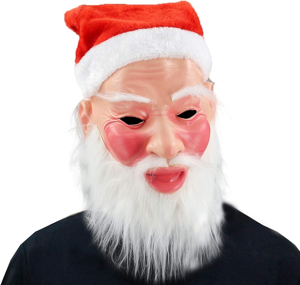 Realistic Santa Claus Latex Mask Full Head with Beard and Red Hat