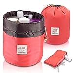 Foldable Round Bucket Style Travel Makeup Bag + Small Zipper Jewelry Purse + Clear PVC Pouch for Cosmetic Brush, Drawstring Closure Nylon Carrying Case Holder, Lightweight Bathroom Wash Bag Coral Red