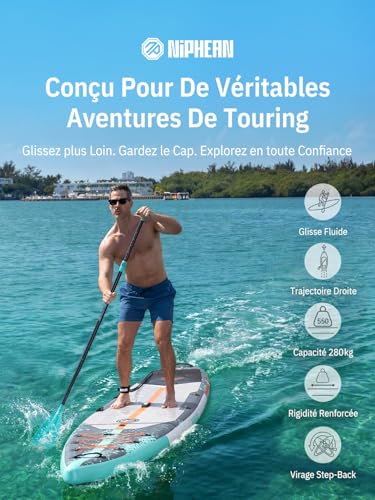 Niphean 380 cm Inflatable Paddle, 280 kg Capacity, Stand Up Paddle Touring with Complete Sup Accessories and Kick Pad, Adult and Youth Inflatable Paddle for Speed Surfing (Beginner Friendly)