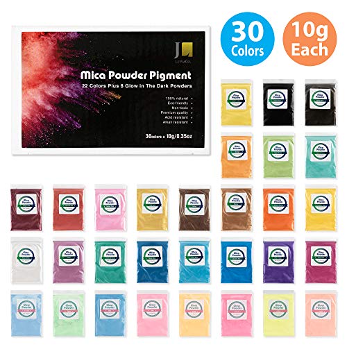 Mica Powder Pigment 22 Colors Plus 8 Glow in The Dark Powders [Huge 300g/10.58oz Set] for Soap Making,Bath Bombs,Epoxy Resin Dye,Slime Colorant-Natural Cosmetic Grade Pigments
