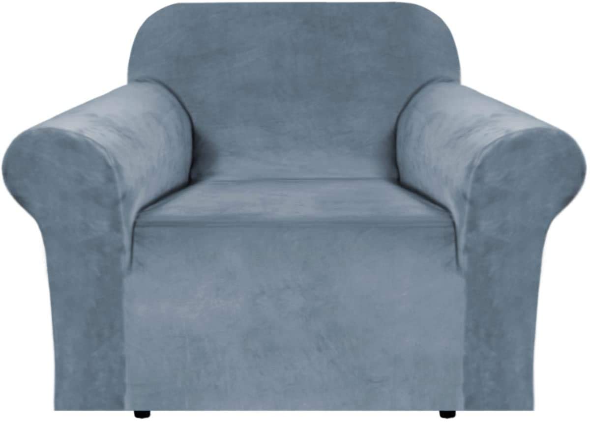 BellaHills Real Velvet Stretch Sofa Covers Couch Covers Sofa Slipcovers Furniture Protector for Sofas | Form Fitted with Elastic Bottom, Ultra Thick Soft Non Slip Covers (1 Seater, Stone Blue)